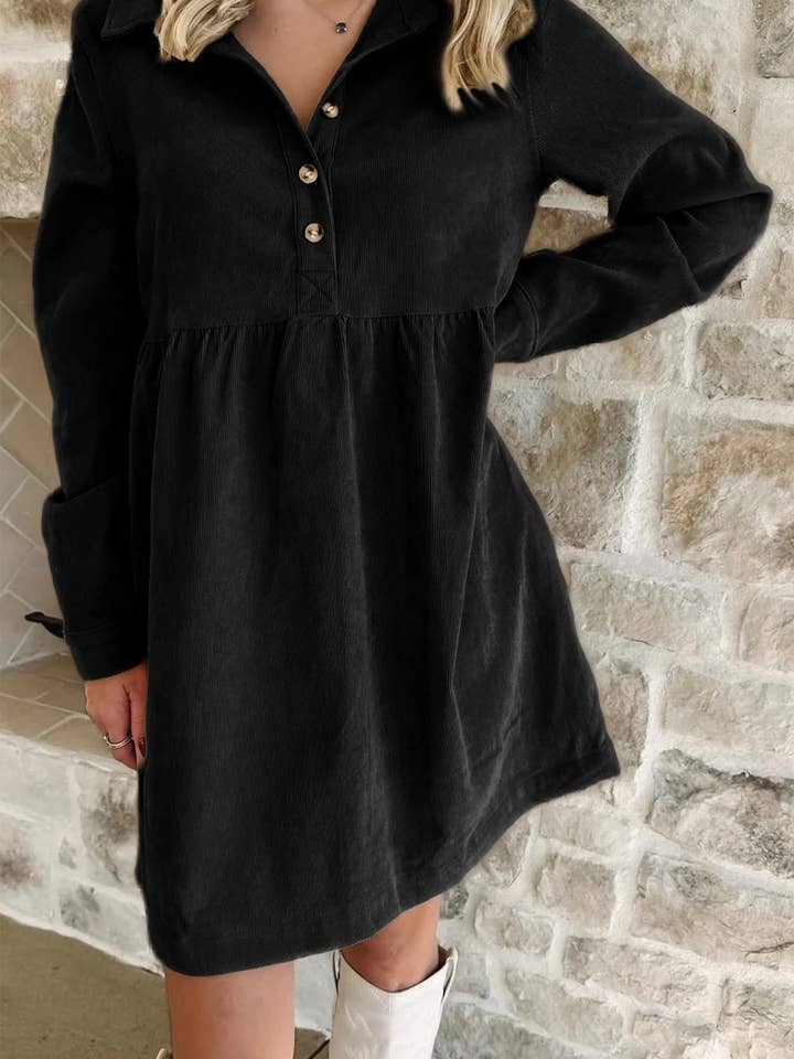 FULL TIME PURCHASE - Wholesale Dress - Women's - Corduroy Half Button Collared Long Sleeve Mini Dress2