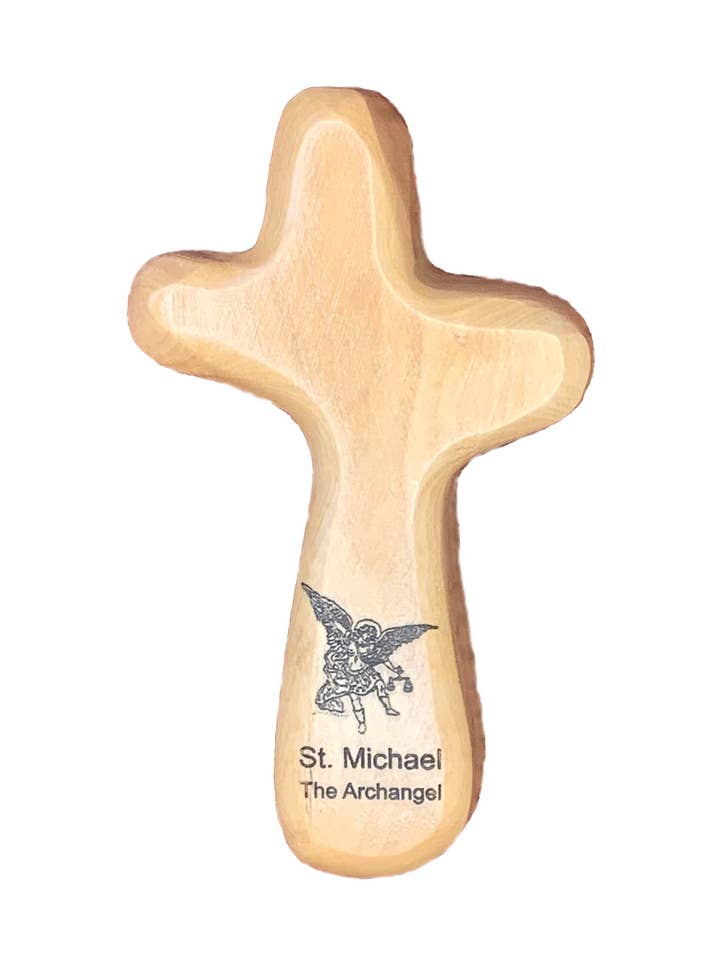 Saint Michael the Archangel - Engraved Holding Cross for wholesale by Holy Land Wood and Stone