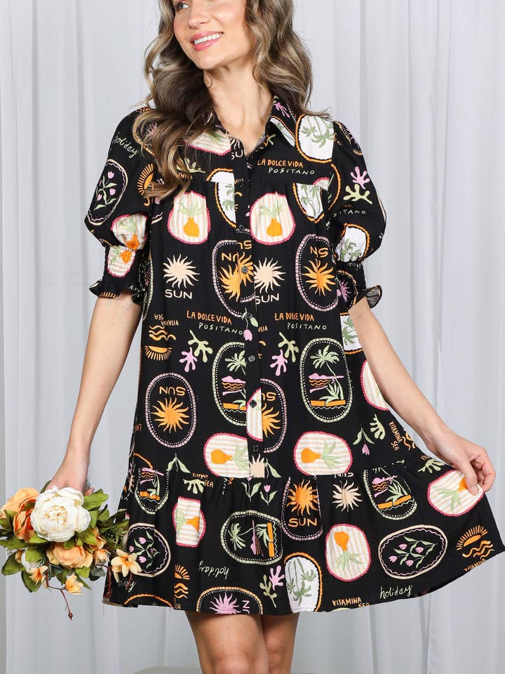 Vestido Camiseiro Casual com Estampa de Palmas Florais e Sol com Folhos VD82617B- por atacado de Vine & Love