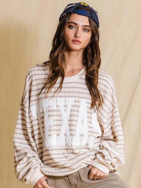 BUCKETLIST - Wholesale Graphic Sweatshirt - Women's - T1770-2 'TEXAS' Graphic Textured Stripe Sweatshirt Top