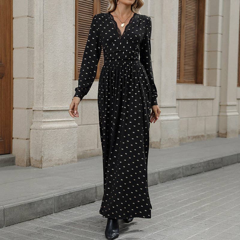 Black Elegant Vintage V Neck Lace Print Maxi Dress with Bow for wholesale on Faire0