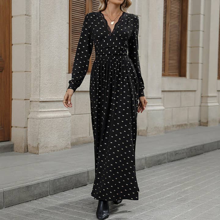 Black Elegant Vintage V Neck Lace Print Maxi Dress with Bow for wholesale on Faire