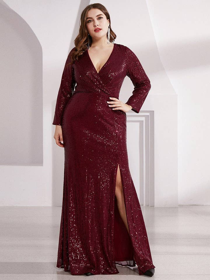 Ever-Pretty - Wholesale Gown - Women's - Plus Size Long Sleeve Shiny Prom Dress with Side Split3