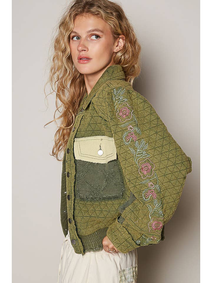 Pol Clothing - Wholesale Jacket - Women's - Vintage washed embroidered sleeve quilted jacket