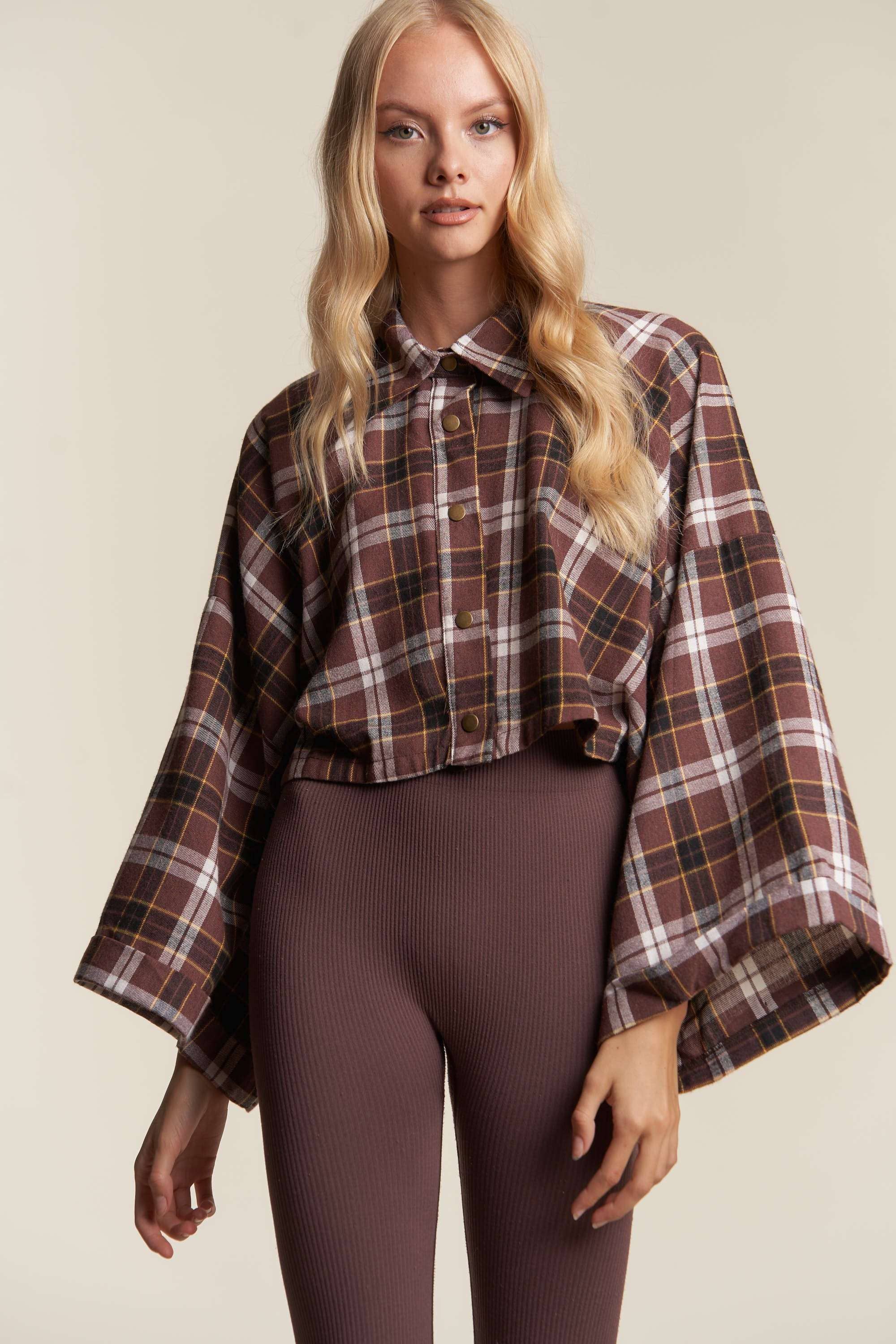 BROWN COMBO WIDE SLEEVE SNAP BUTTON DOWN PLAID SHIRT JACKET for wholesale on Faire1
