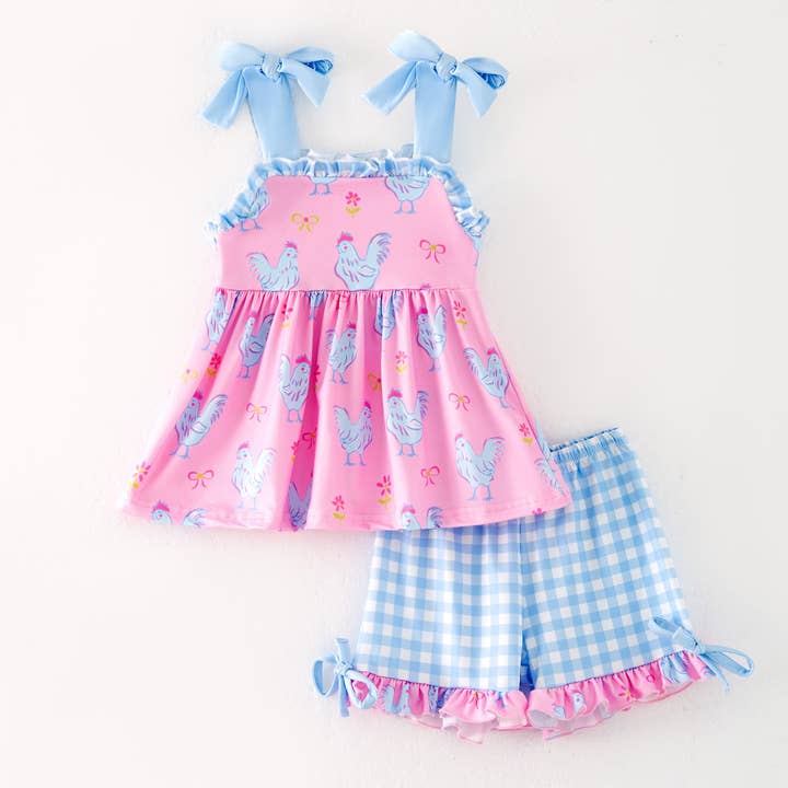 Ensemble court à carreaux rose et bleu d'été pour filles pour la vente par Auraquise