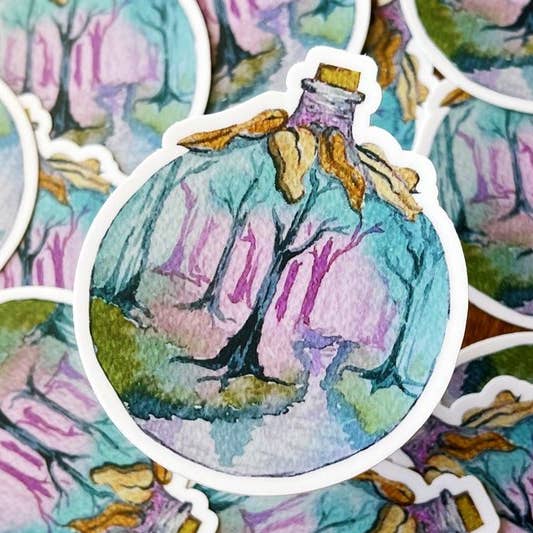 Magisch bos in een fles aquarel vinylsticker voor wholesale door Whale and Petunias Art