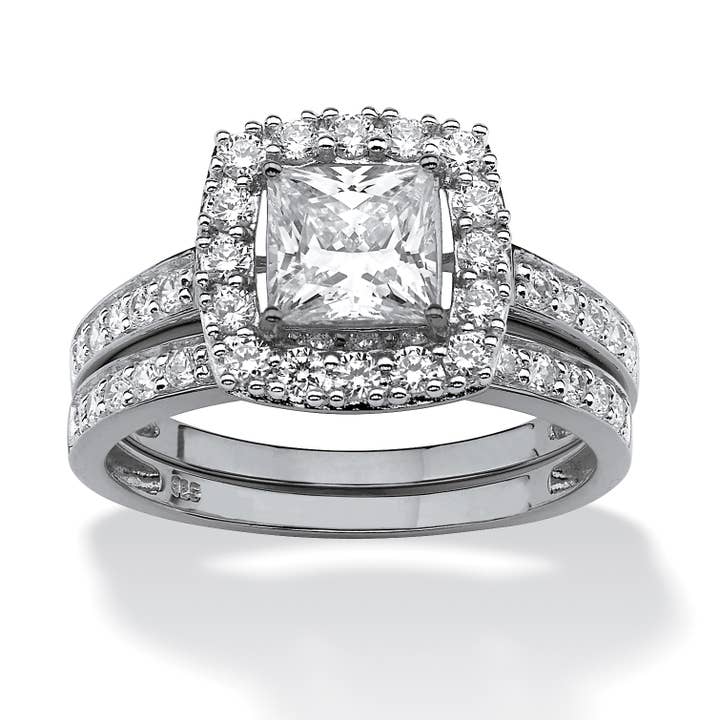 Princess-Cut CZ Bridal Set in Platinum-Plated Silver for wholesale by PalmBeach Jewelry