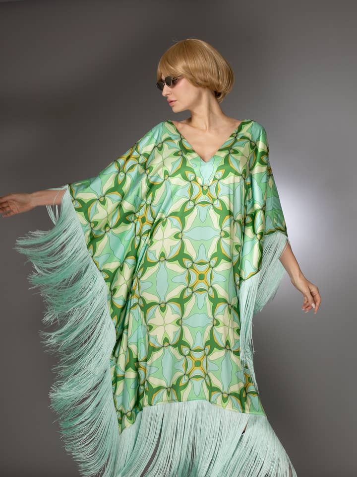 Nuvula - Wholesale Kaftan - Women's - Mint Green Fringed Satin Long Kaftan Dress 2