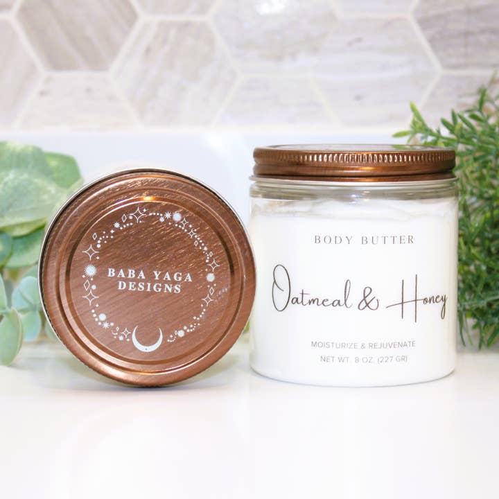 Body Butter 8 oz Oatmeal Milk & Honey, Cocoa Shea Jojoba for wholesale by Baba Yaga Designs LLC