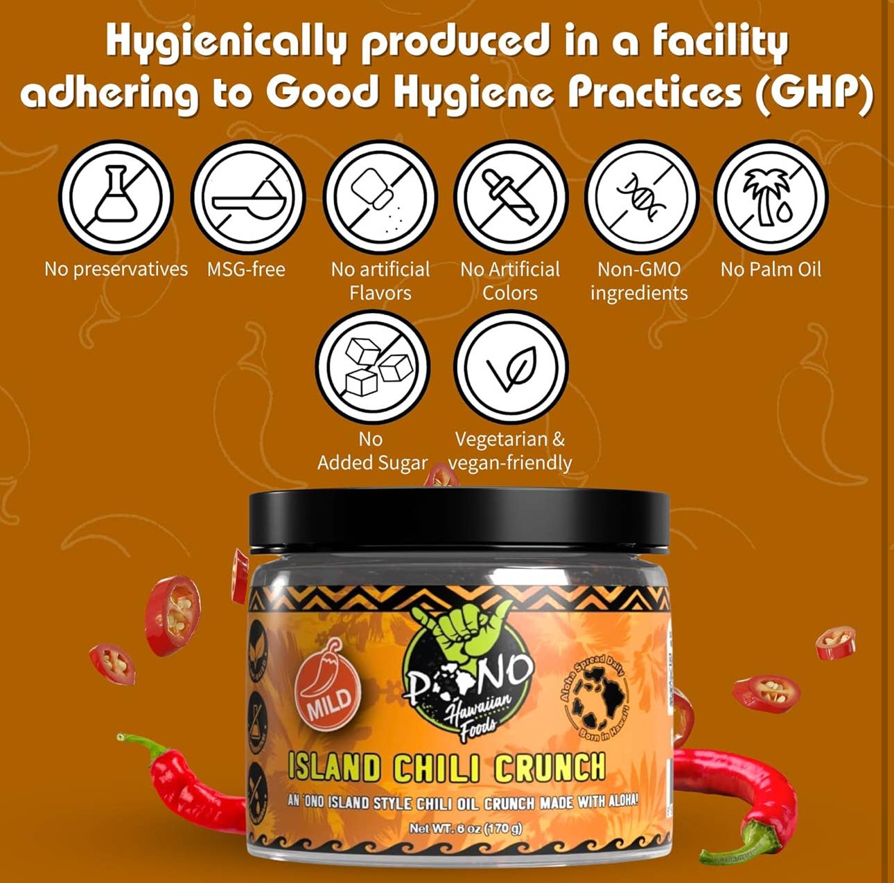 Pono Hawaiian Foods Co - Wholesale Chili Paste - Premium Island Chili Crunch - (MILD) 6oz -6 pc case4
