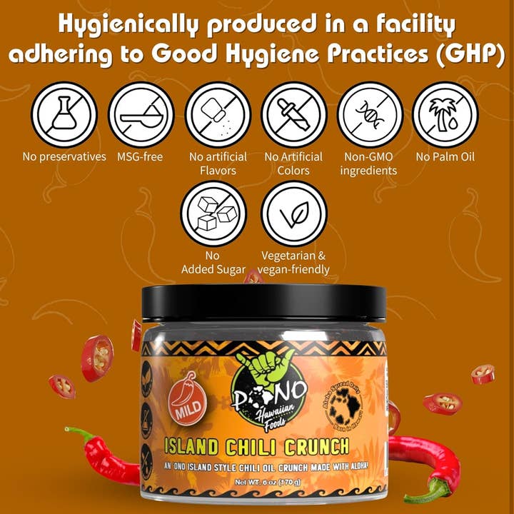 Pono Hawaiian Foods Co - Wholesale Chili paste - Premium Island Chili Crunch - (MILD) 6oz -6 pc case4