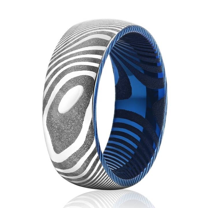 Wood Grain Damascus Steel Ring - Silver/Blue Minimalist for wholesale by EMBR
