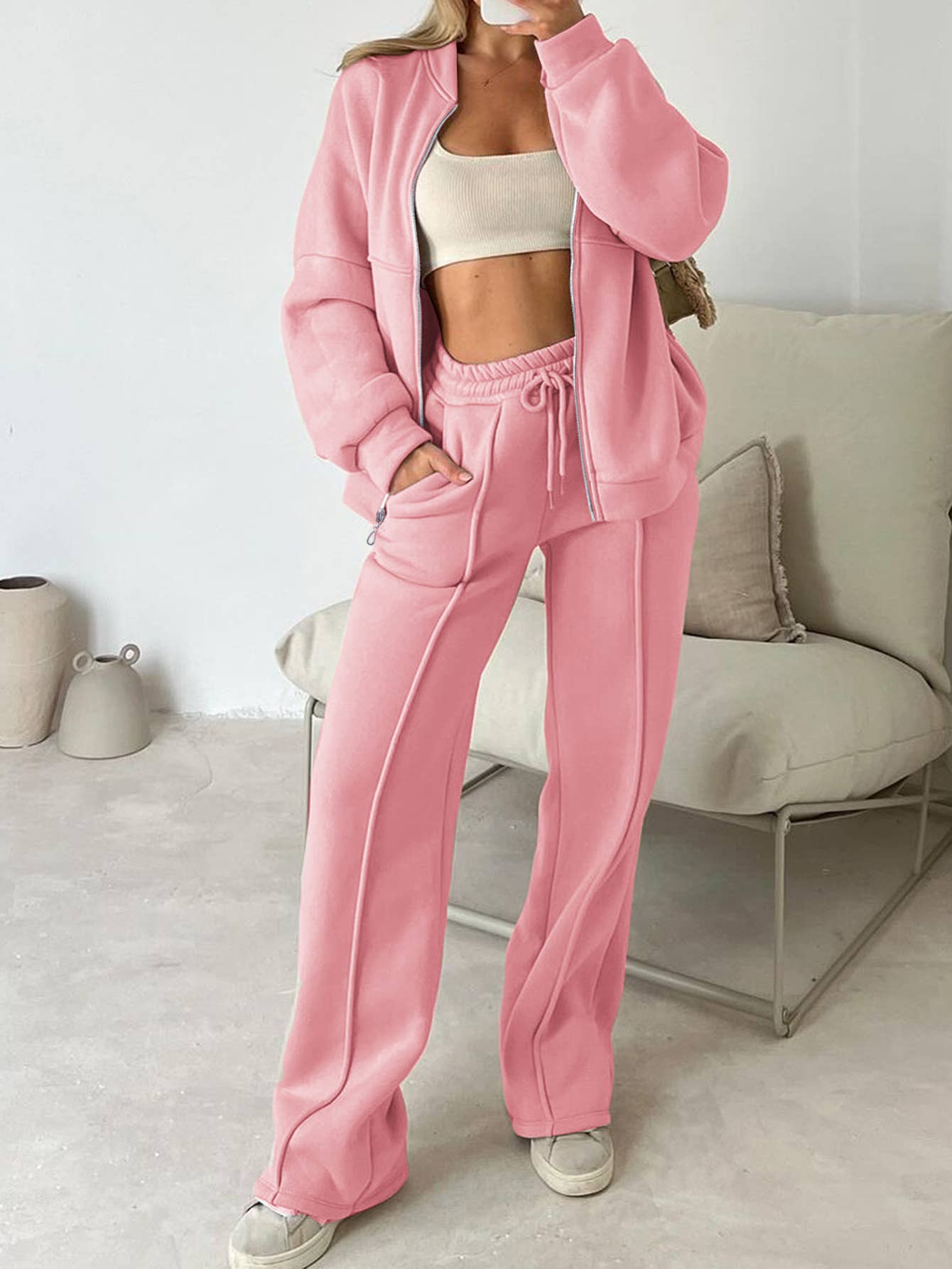 Rosa Clothing - Wholesale Top & Pant Set (NOT Loungewear) - Women's - Plain Exposed Seam Zip Up Long Sleeve Athleisure Set1