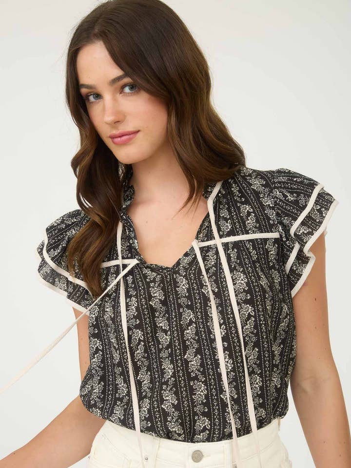 STRIPE FLORAL PATTERN TIE FRONT RUFFLE TOP for wholesale by Blu Pepper