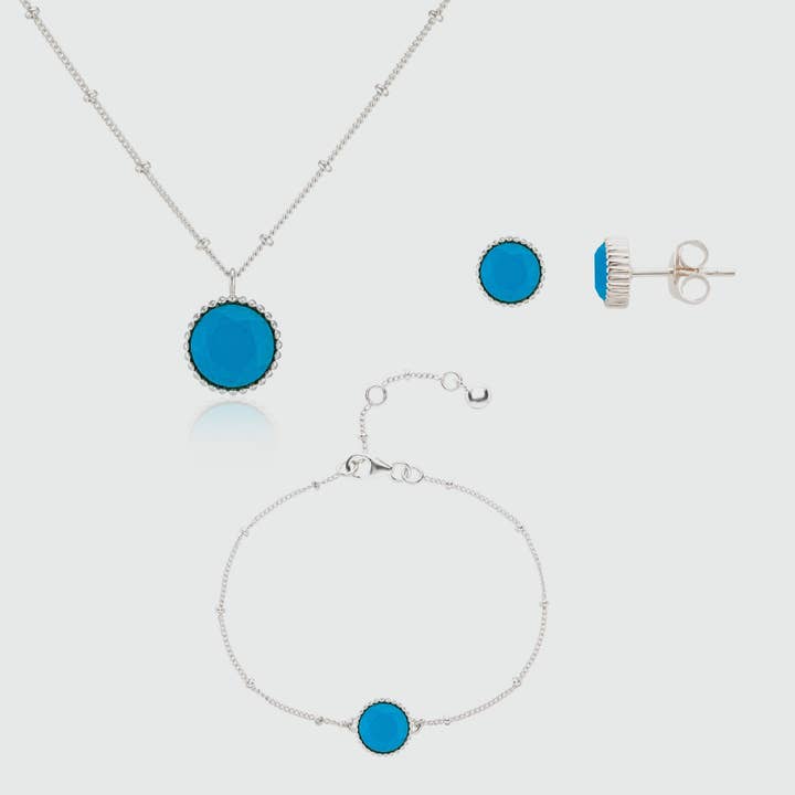 Ensemble de bijoux en turquoise et argent de naissance de décembre de Barcelone pour la vente par Auree Jewellery
