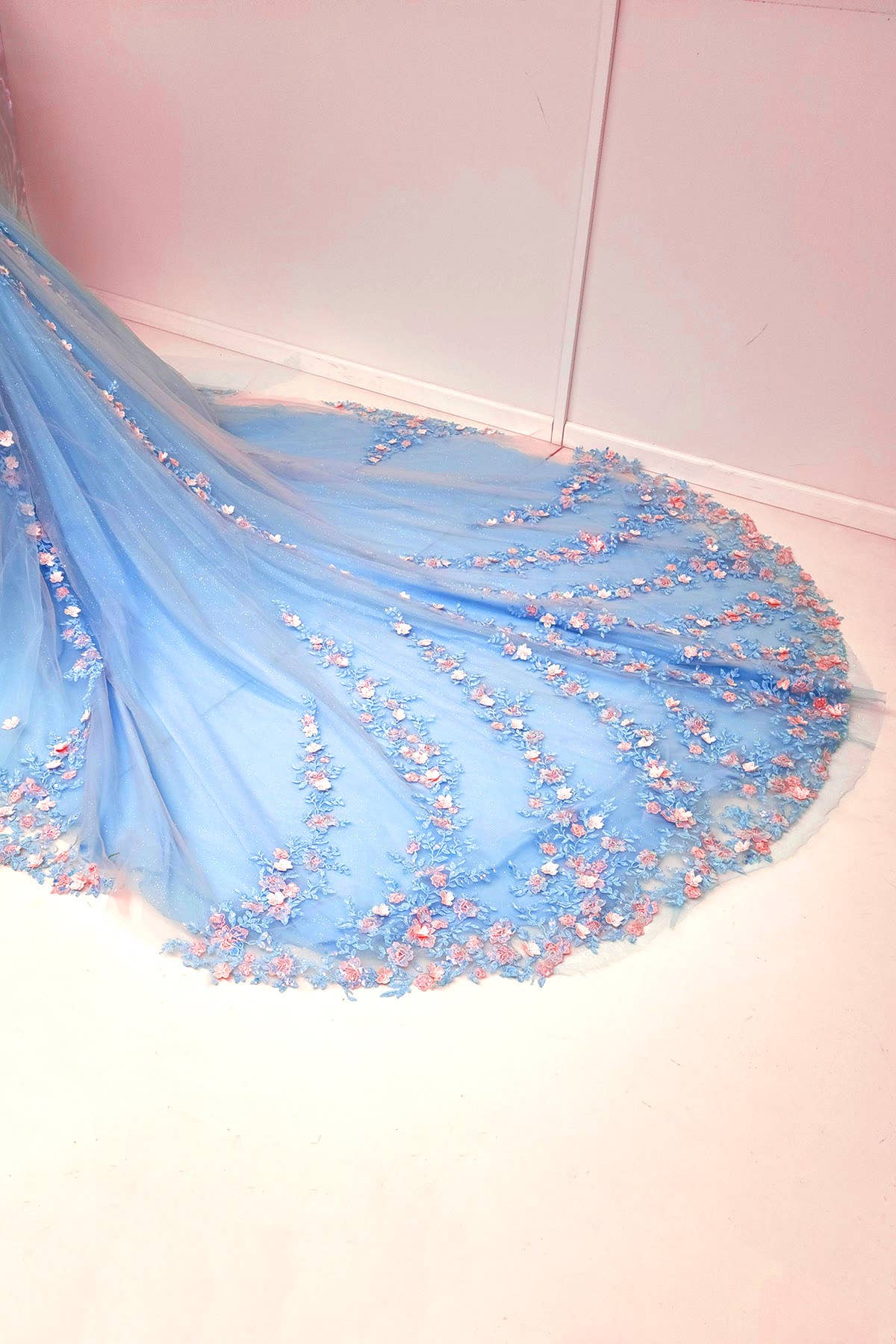 Baby Blue Quinceanera Dress With Pink Flowers and Cape CHF3117 for wholesale on Faire4