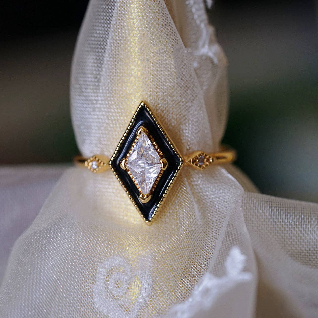 happyzzzsu - Wholesale Multi-Stone Ring - Sterling Silver Gold Plated Black Rhombus Ring1