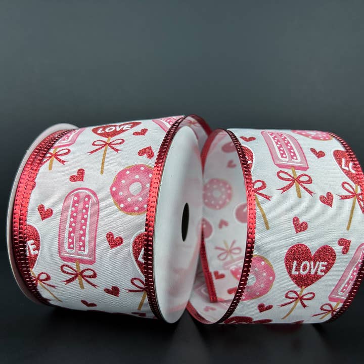 White Satin/Valentine'S Day Candy N Donuts, 2.5"X10Y 15401-40-01 for wholesale by Trendy tree
