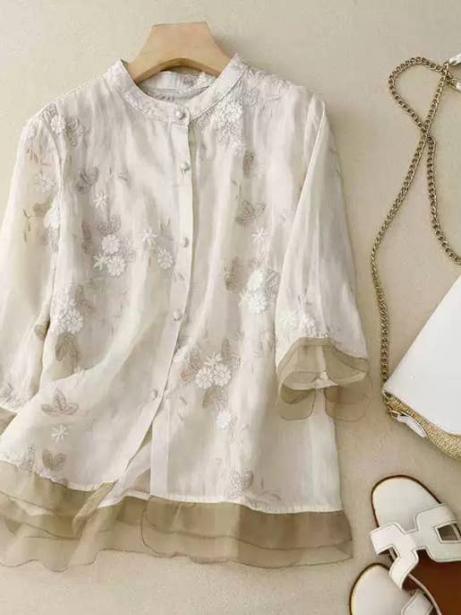 Beige Exquisite Embroidered Blouse| Vintage Patchwork Top for wholesale on Faire0