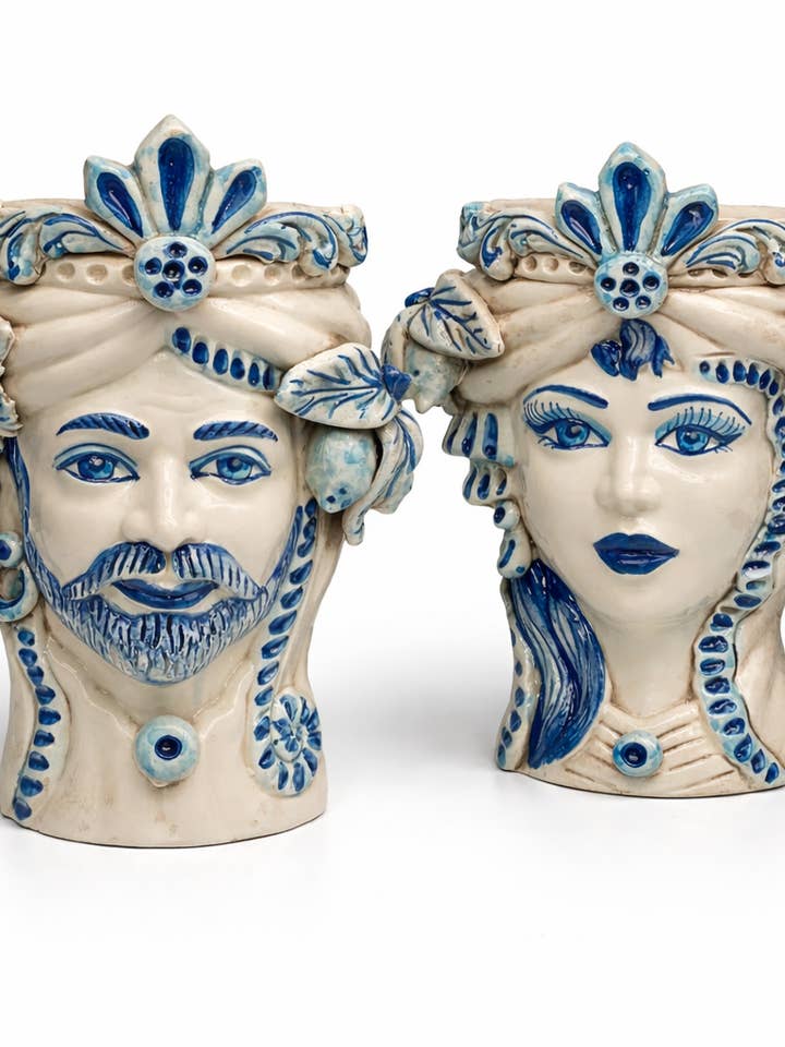 Moorish Heads Vella Ceramics Caltagirone cm H.27 L.20 Handmade White Blue for wholesale by DD Ceramiche Siciliane