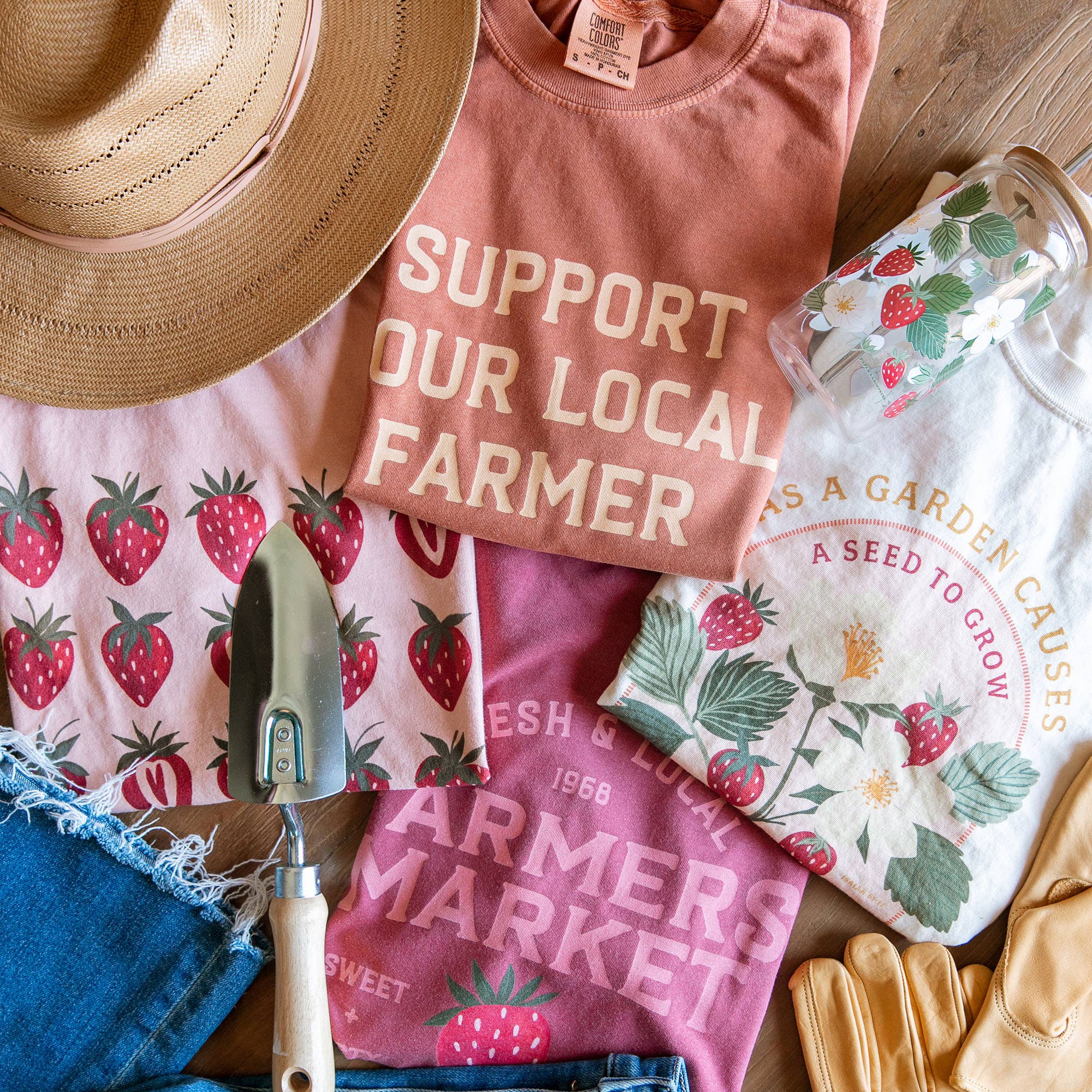Paper Farm Press - Wholesale Screen Printed T-Shirt - Women's - Strawberry Patch Tee - Peachy Pink1