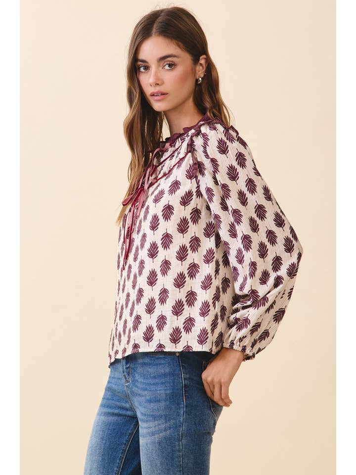 Burgundy CT9675-Leaf Print Ruffled Collar Front Tie Detail Blouse for wholesale on Faire2