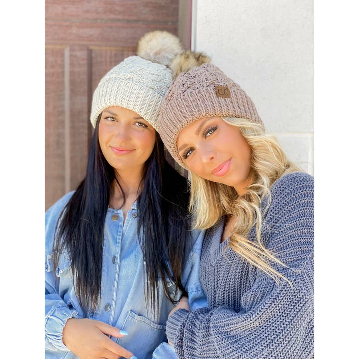 C.C Beanie - Wholesale Beanie - Women's - Ribbed Cable Knit Fur Pom Beanie YJ2021