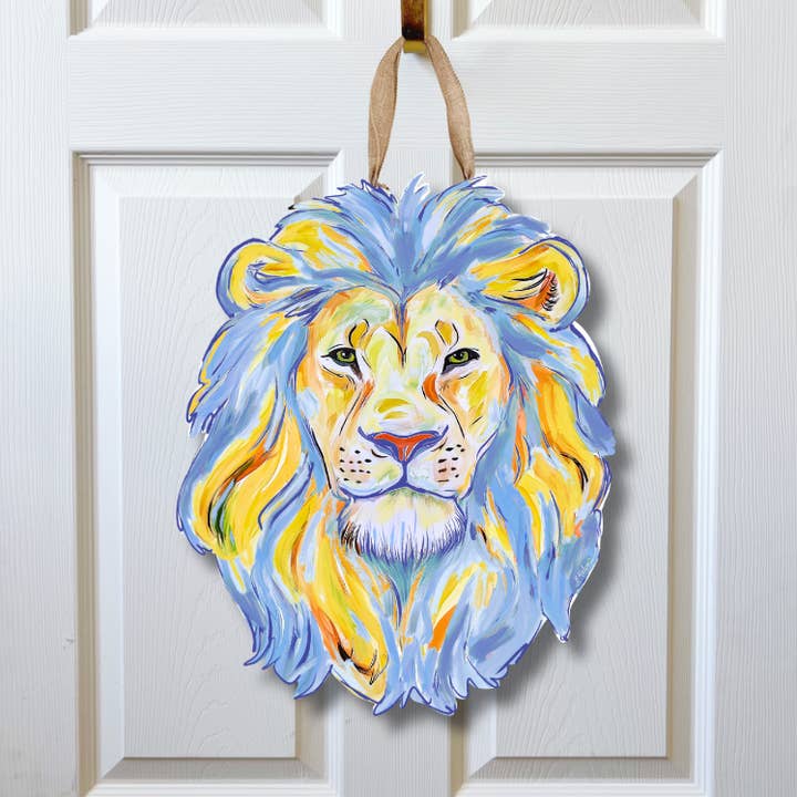 Blue & Gold Lion Head Door Hanger- Football Sports for wholesale by Home Malone