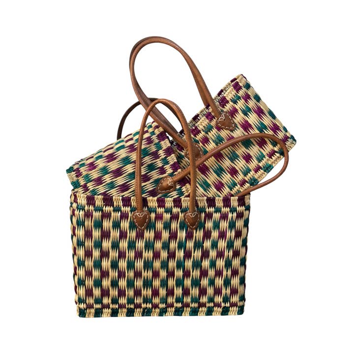 HandHappiness – Großhandel Lebensmittel-/Einkaufstasche – Handgefertigter gewebter Einkaufskorb aus Binsen - Grün & Lila - 31