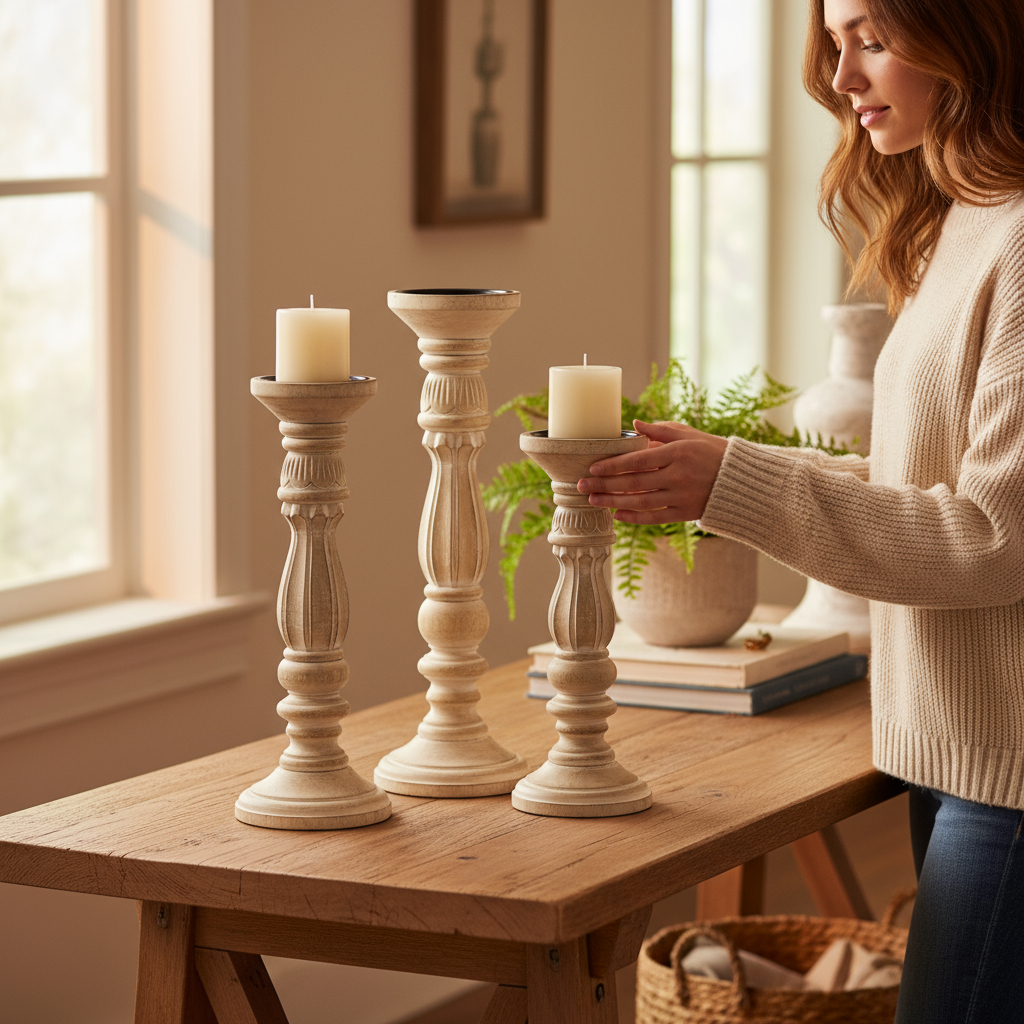 Wilco Home - Wholesale Candle Holder - NEW Set of 3 Annapolis Candle Holders-Bleached Mango Wood0