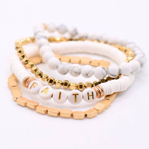 Two and Crew - Wholesale Jewelry Set - Faith Gold Beaded Stretch Bracelet Set Christian Jewelry