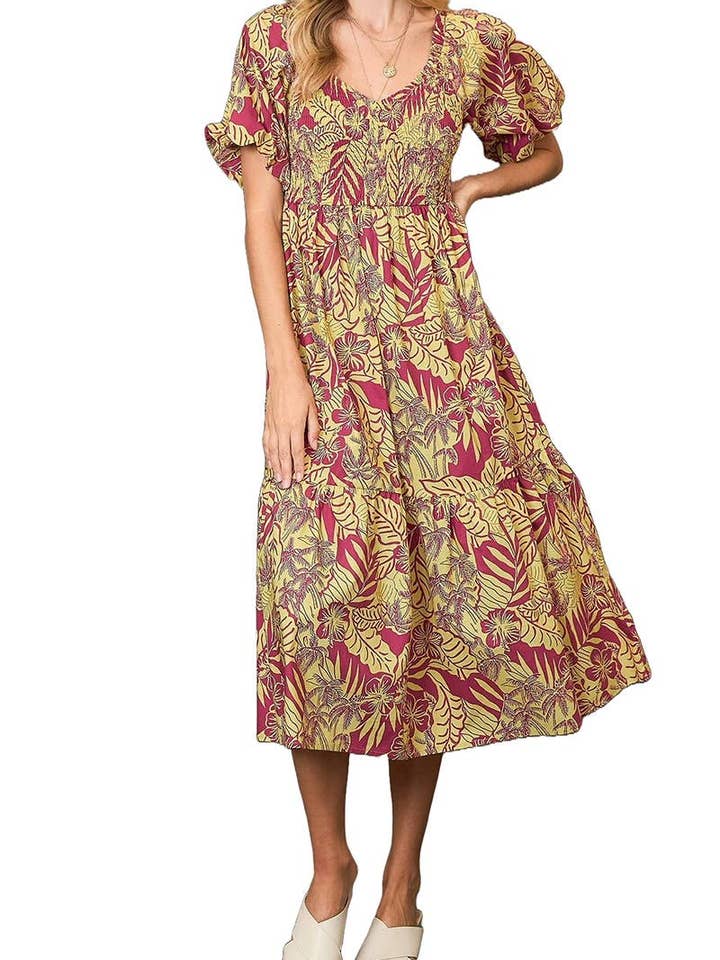 Tropical Print Poplin Midi Dress for wholesale by Vanilla Monkey