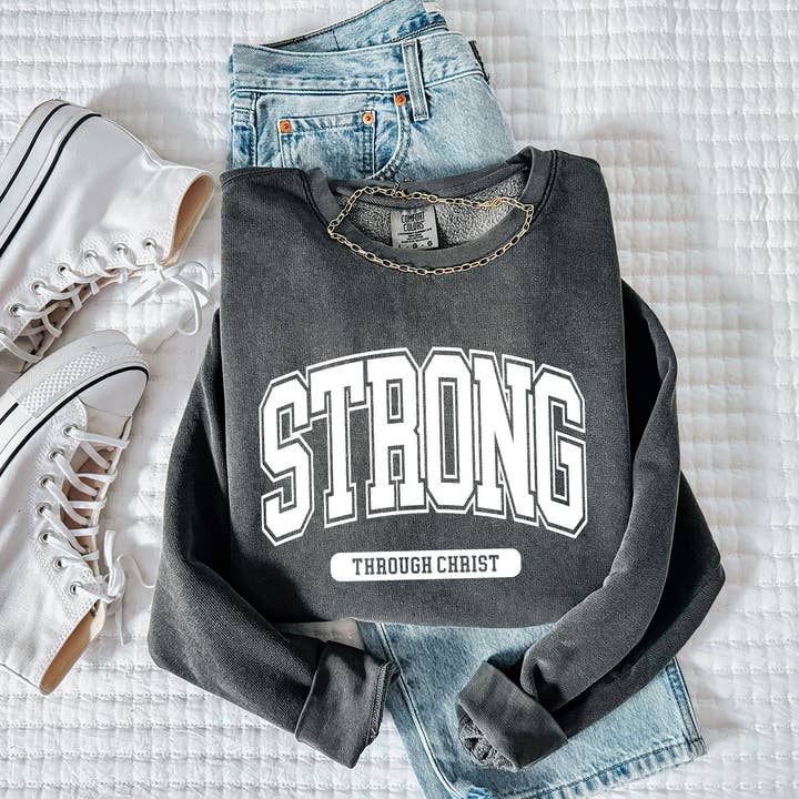 Verita Culture - Wholesale Graphic Sweatshirt - Women's - Strong Through Christ Inspirational Christian Garment Dyed Comfort Colors Sweatshirt0