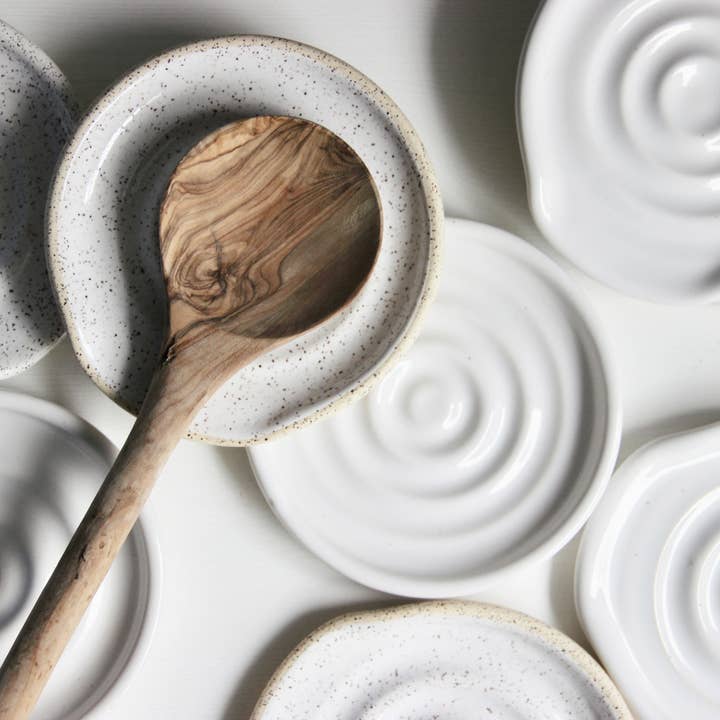 Whimsy By Wyeth - Wholesale Spoon Rest - Handmade Exposed Clay Ceramic Spoon Rest - Speckled White