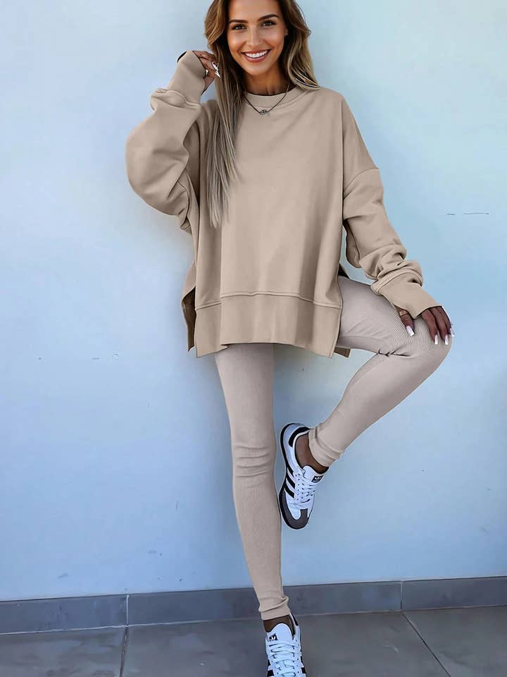 Suhkasana - Wholesale Lounge Set - Women's - Solid Oversize Slit Sweatshirt with Ribbed Leggings Set4