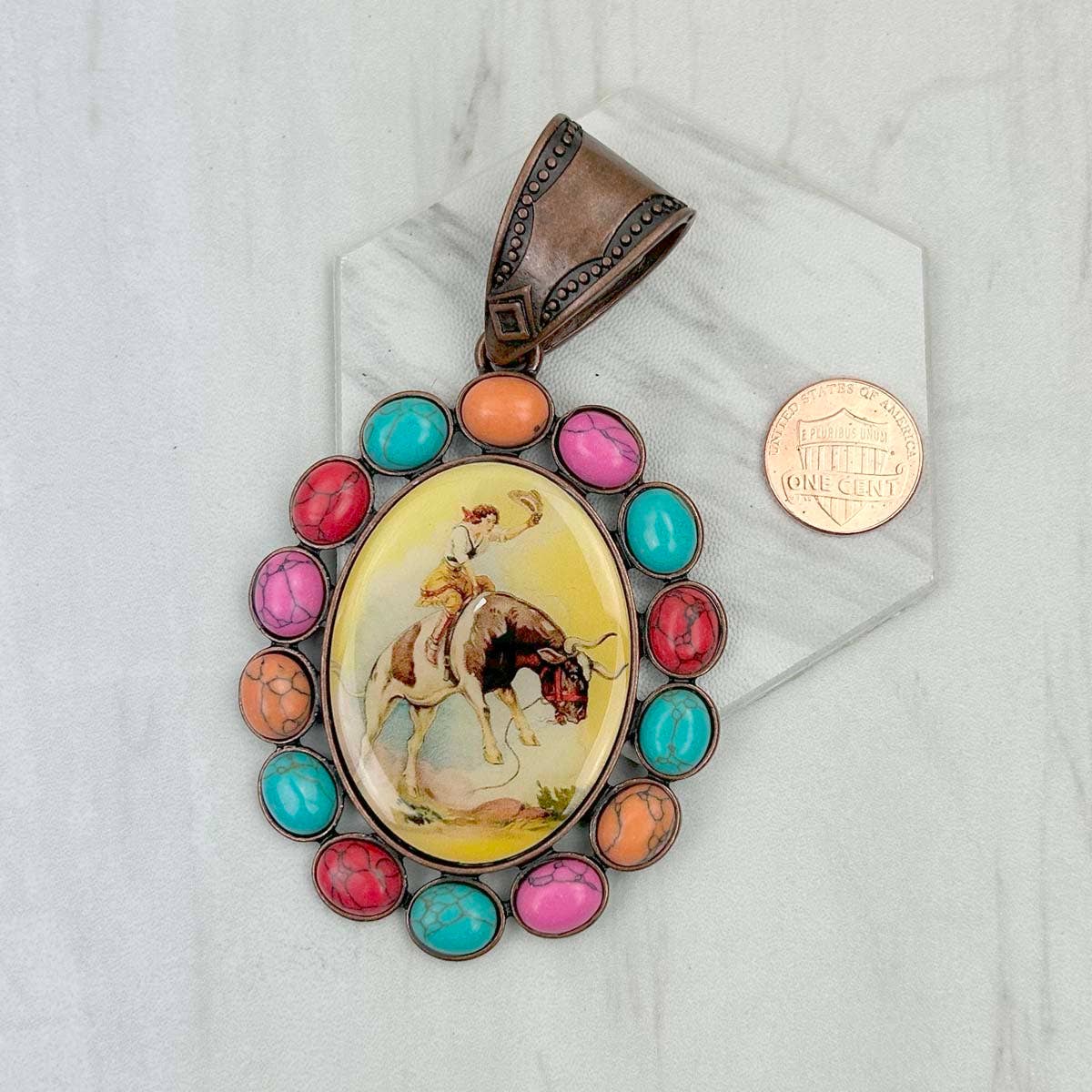 Western Elite Jewelry - Wholesale Individual Charm/Pendant - PD231210CP-13               Copper metal with blue turquoise stone oval cowboy Pendent2