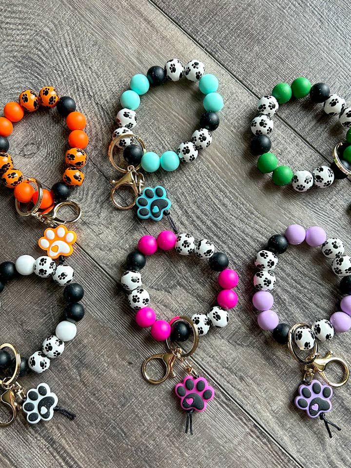 Paw Print Silicone and Wooden Bead Wristlet Keychain for wholesale by JILLIAN INK LLC