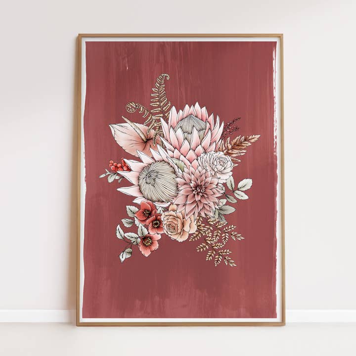 Terracotta King Protea Artprint for wholesale by Typoflora