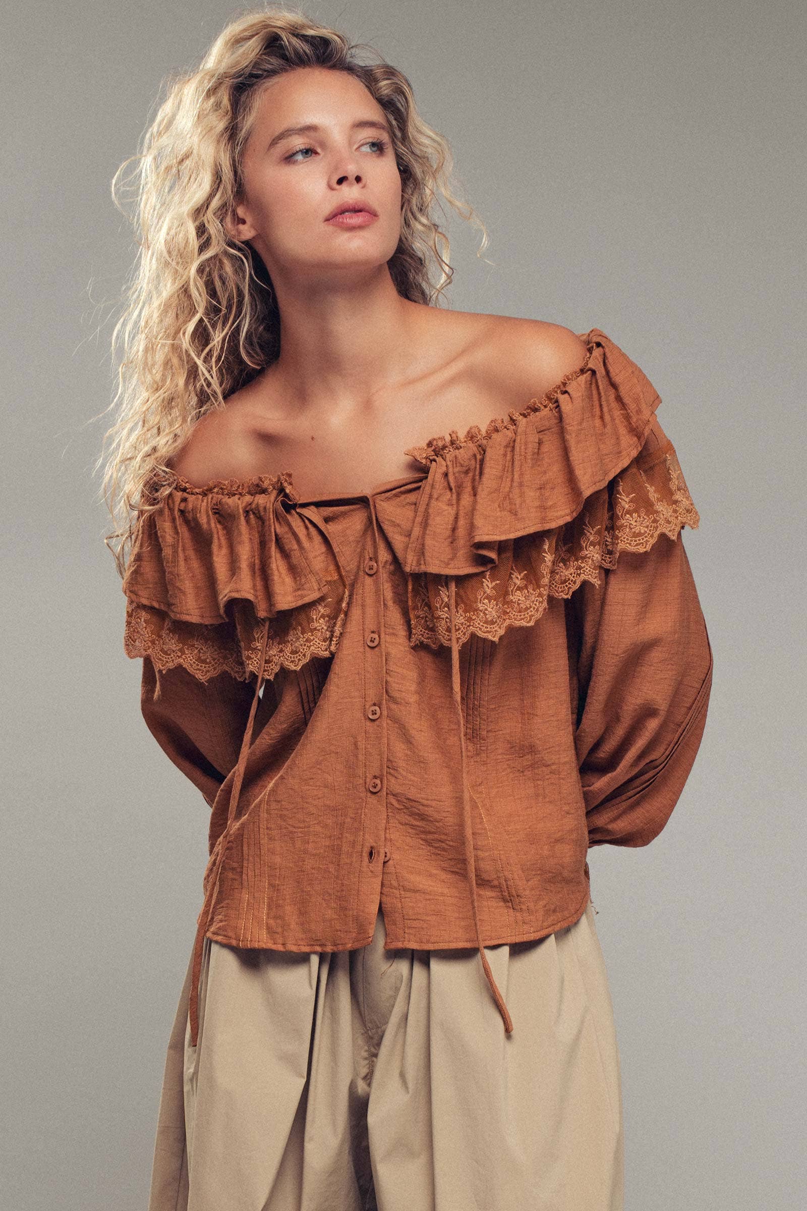 Urban Daizy - Wholesale Blouse - Women's - Lace Trim Ruffle Tie Neck Spring Blouse Top6