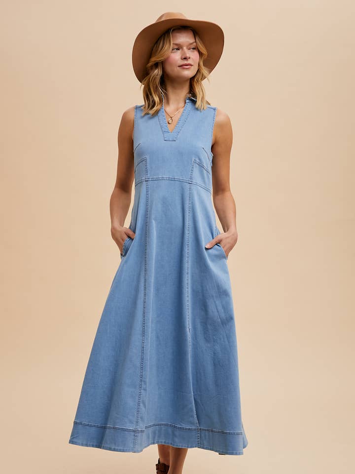 In Loom - Wholesale Dress - Women's - COLLARED DENIM FLARE MIDI
