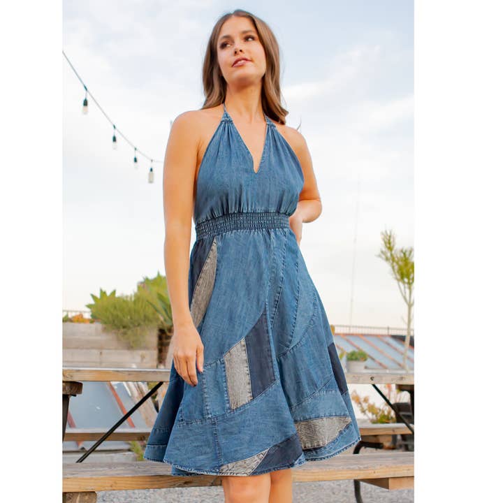 Young Threads - Wholesale Dress - Women's - Halter Neck BabyDoll Western Dress Asymmetrical Patch Bottom