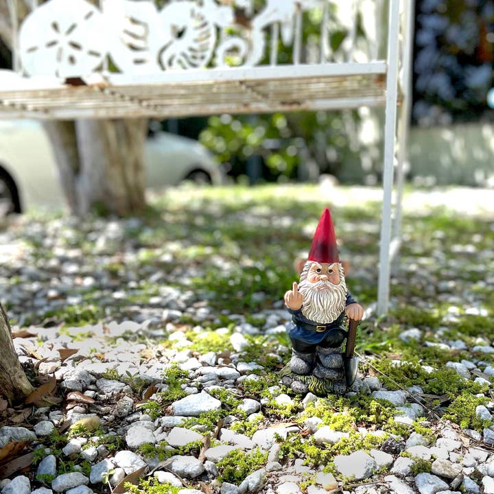 Zeckos - Wholesale Garden Gnome - Naughty Garden Gnome with Axe Flipping Bird Statue