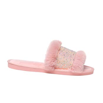 Pink Women's Diamond Bling Slides Fuzzy Furry Slippers Comfort