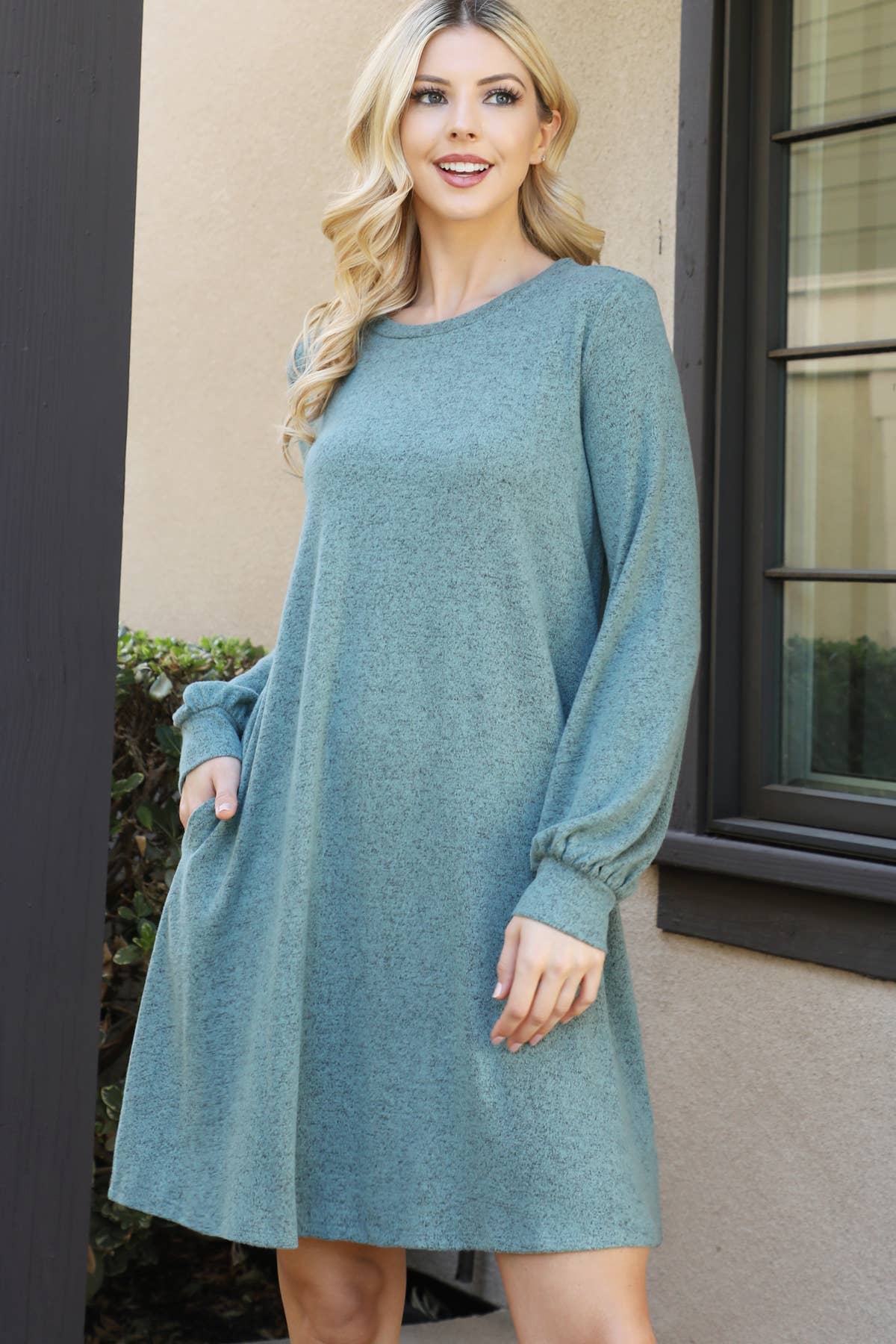 You & Me - Wholesale Dress - Women's - YMD10063V-PUFF LONG SLEEVE HACCI BRUSHED DRESS4