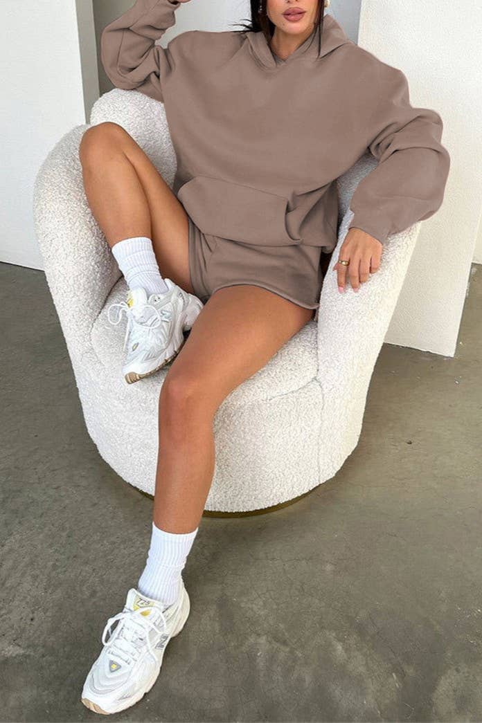 HIDDENBRAND - Wholesale Lounge Set - Women's - basic pocket hoodie &  drawstring short set outfits27