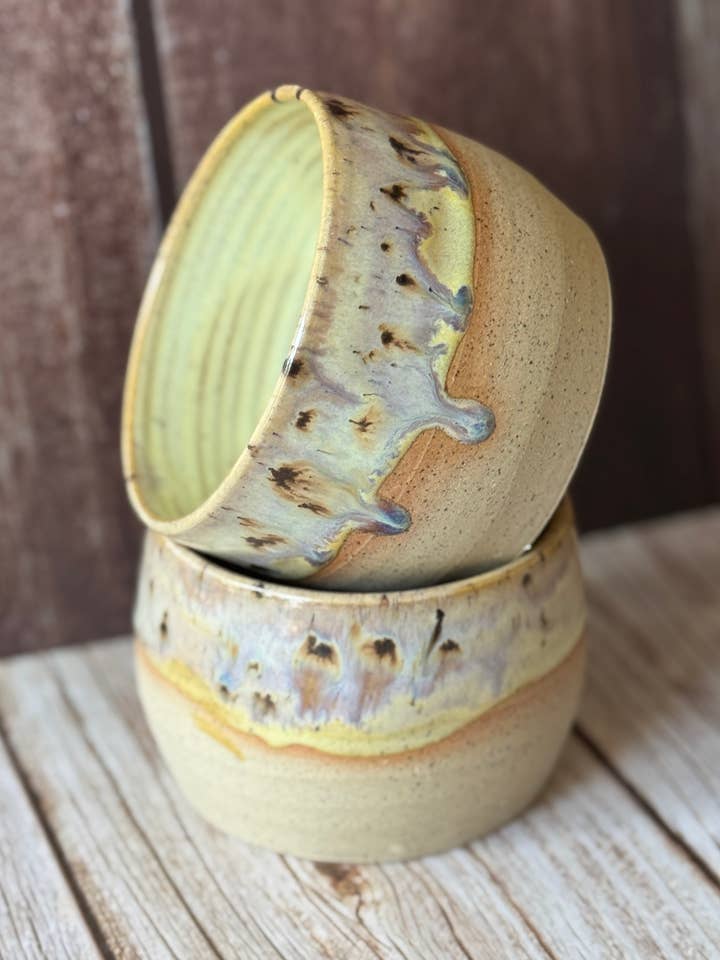 Mini hug mug in yellow with brown spots for wholesale by Wolf and Clay Pty Ltd