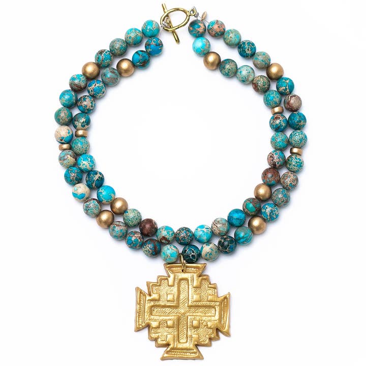 Hidden Truth Jewelry - Wholesale Pendant/Charm Necklace - Double Strand Turquoise Sea Sediment Jasper with Jerusalem C0