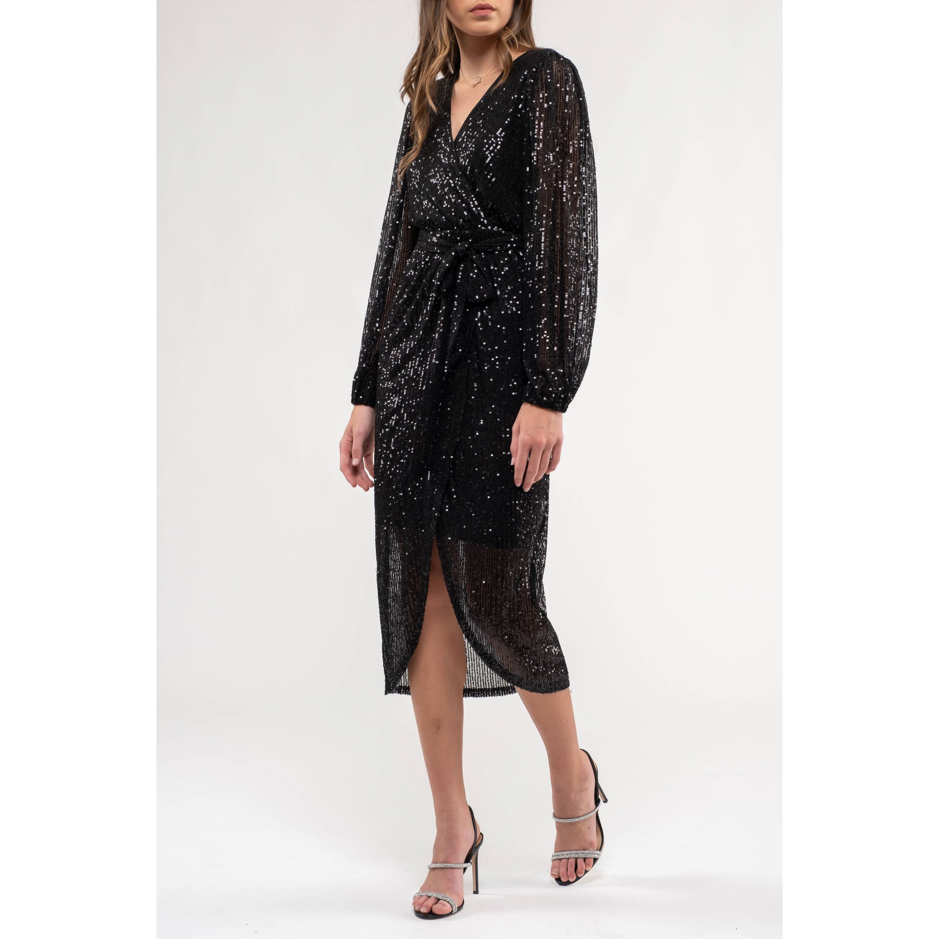 MINE - Vente Robe – femme - ROBE MIDI EN SURPLIS À SEQUINS5