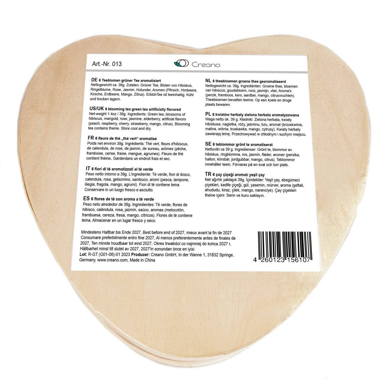 Creano - Wholesale Tea Bags - 6 Blossom Tea in Heart Wooden Box “Green Tea”7